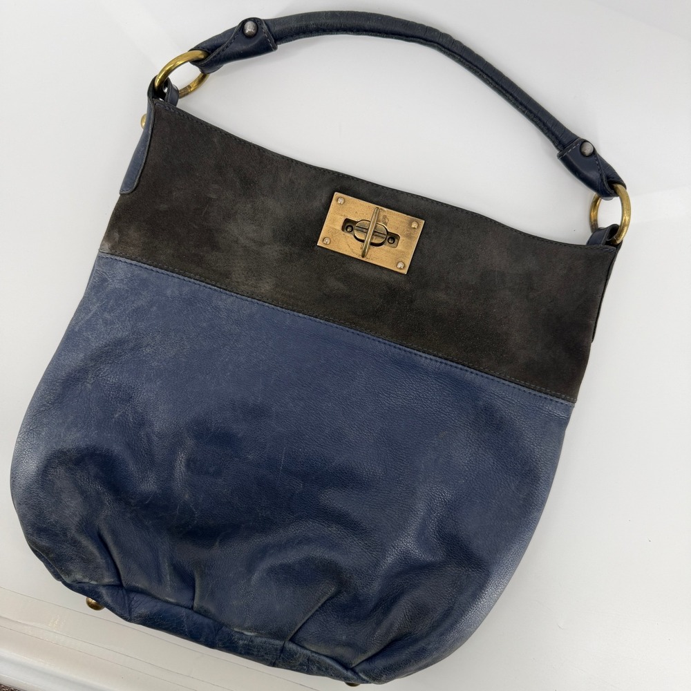 Innue Hobo Bag Womens Large Blue Brown Leather Suede Made in Italy Turnlock